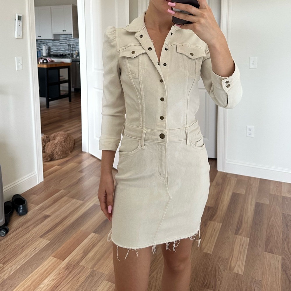 Mother The Puffy Bruiser Mini Denim Dress in Cream